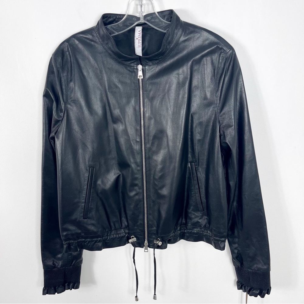Suprema Zip Up Collarless Leather Jacket Size Large NWT Sleek Black